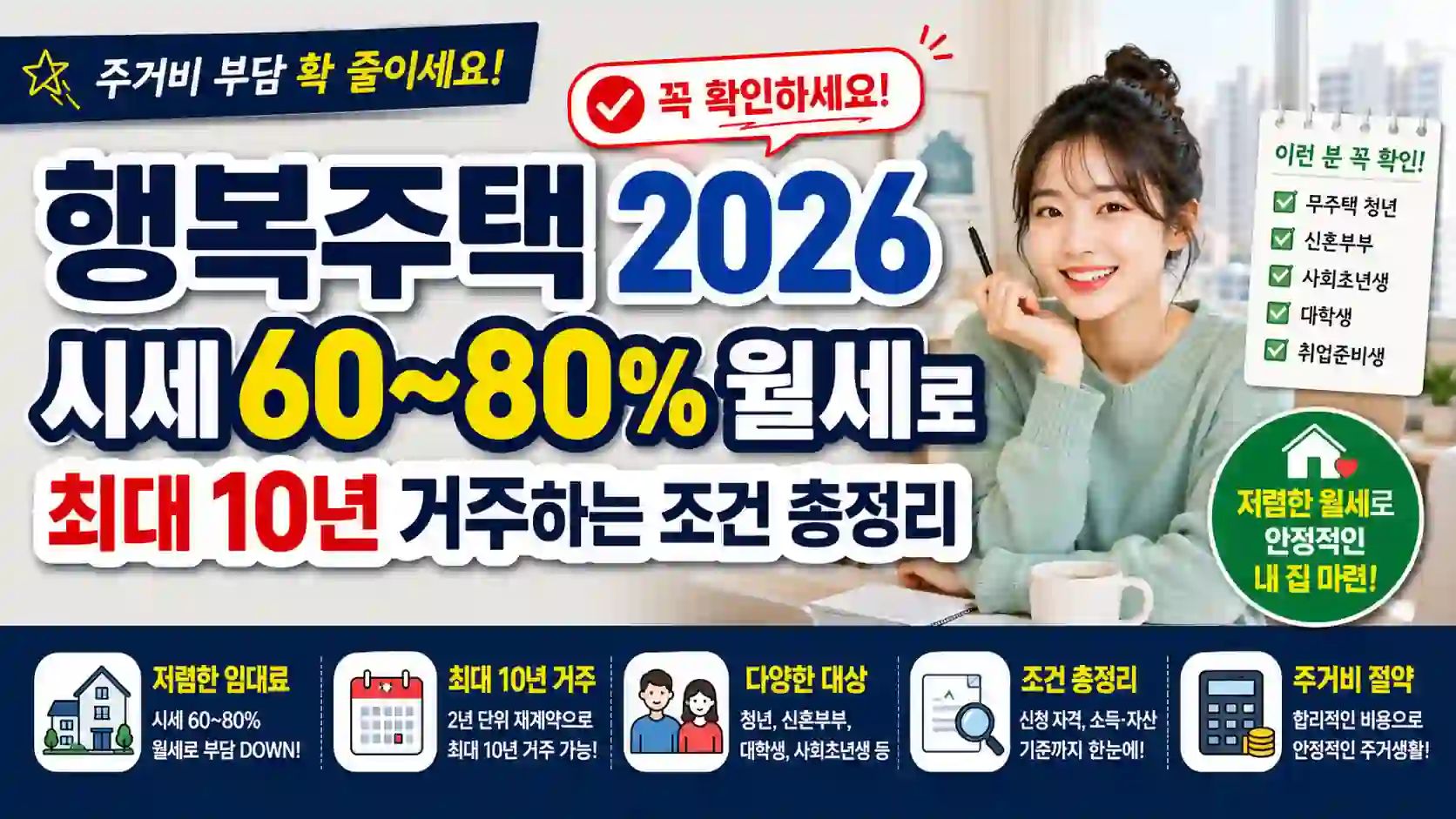 행복주택 2026 — 시세 60~80% 월세로 최대 10년 거주하는 조건 총정리